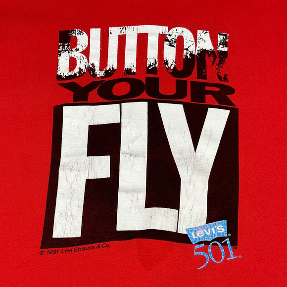 Vintage Levis Shirt Adult LARGE Red 90s Button Your Fly 501 Jeans Graphic Brand - Picture 2 of 6